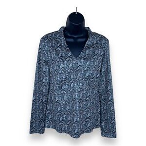 MEDIUM VINTAGE ENVISION STUDIO BLACK BEIGE LEAF PRINT BLOUSE LONG SLEEVE